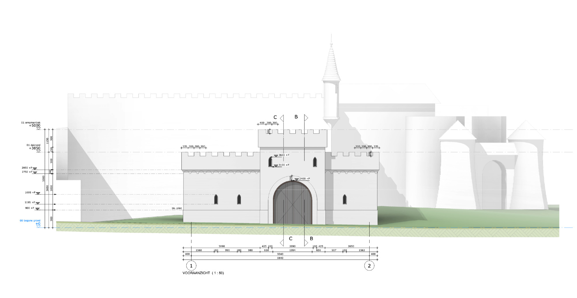 Bouwtekening toilet Zwavelstokjes, vooraanzicht van kasteelmuur en toegangspoort, links naast entree van het sprookje