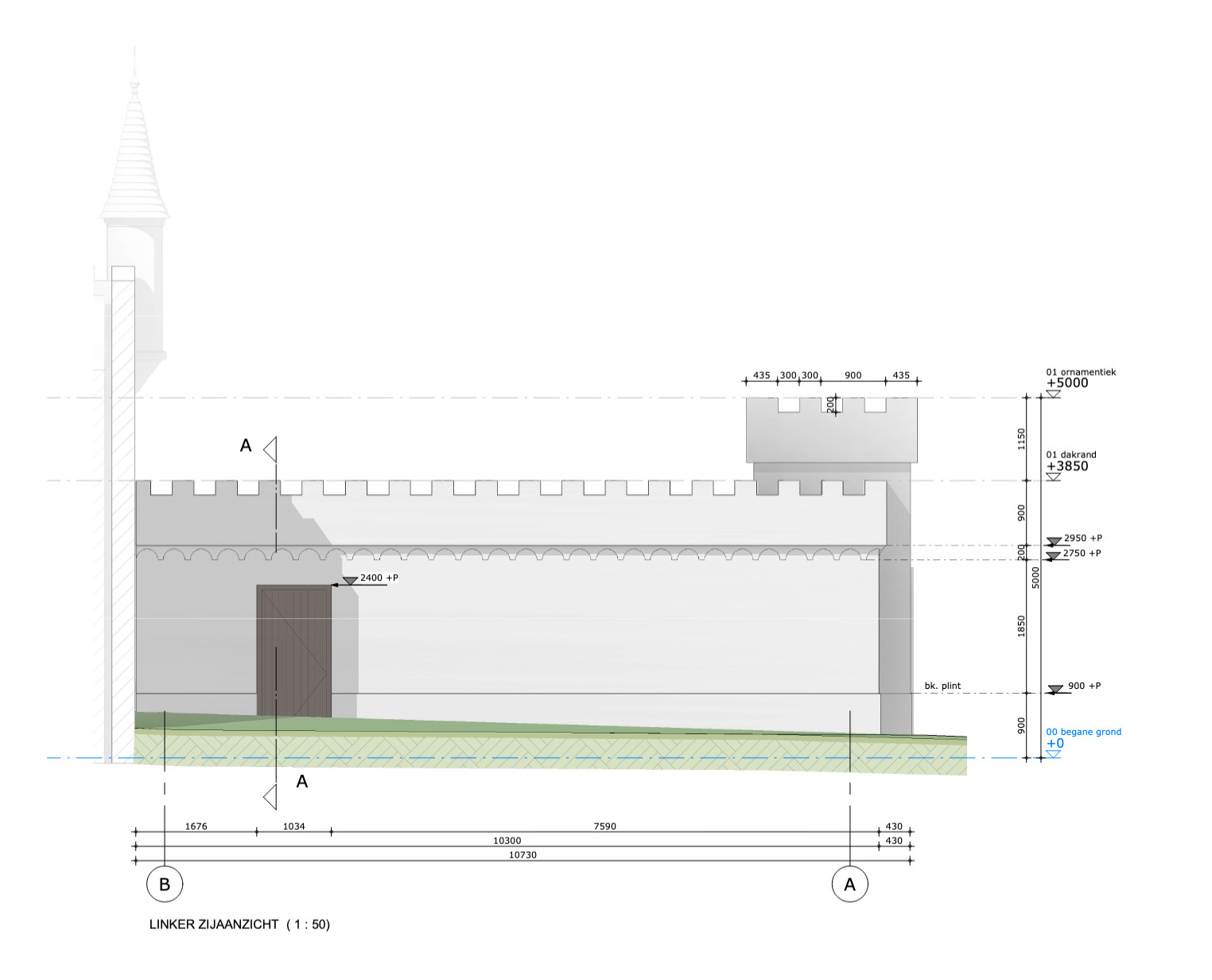 Bouwtekening toilet Zwavelstokjes, zijaanzicht van kasteelmuur met deur