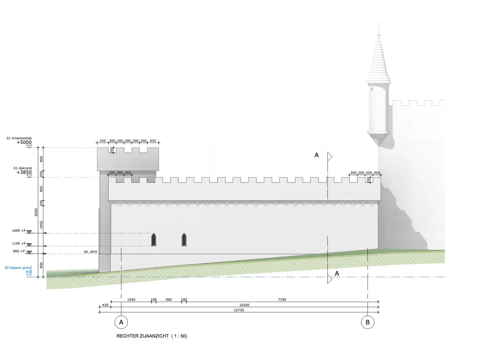 Bouwtekening toilet Zwavelstokjes, zijaanzicht van op heuvel gelegen gebouw met twee kleine raampjes
